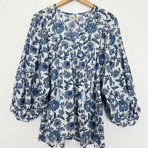 Mille Thalia Top Blue Floral Babydoll Peasant Billowy Sleeves Cotton Size Large